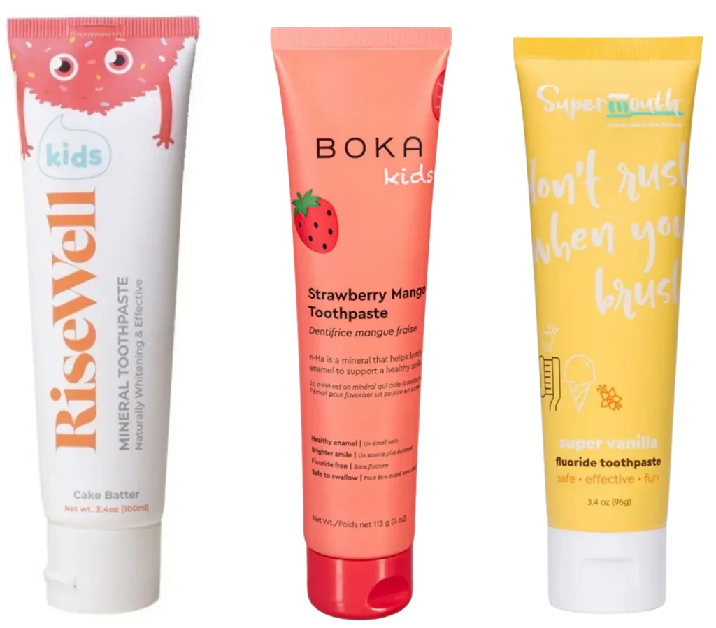 RiseWell Kids (cake batter flavor), Boka Kids nHAp, SuperMouth Kids (HAP + fluoride).